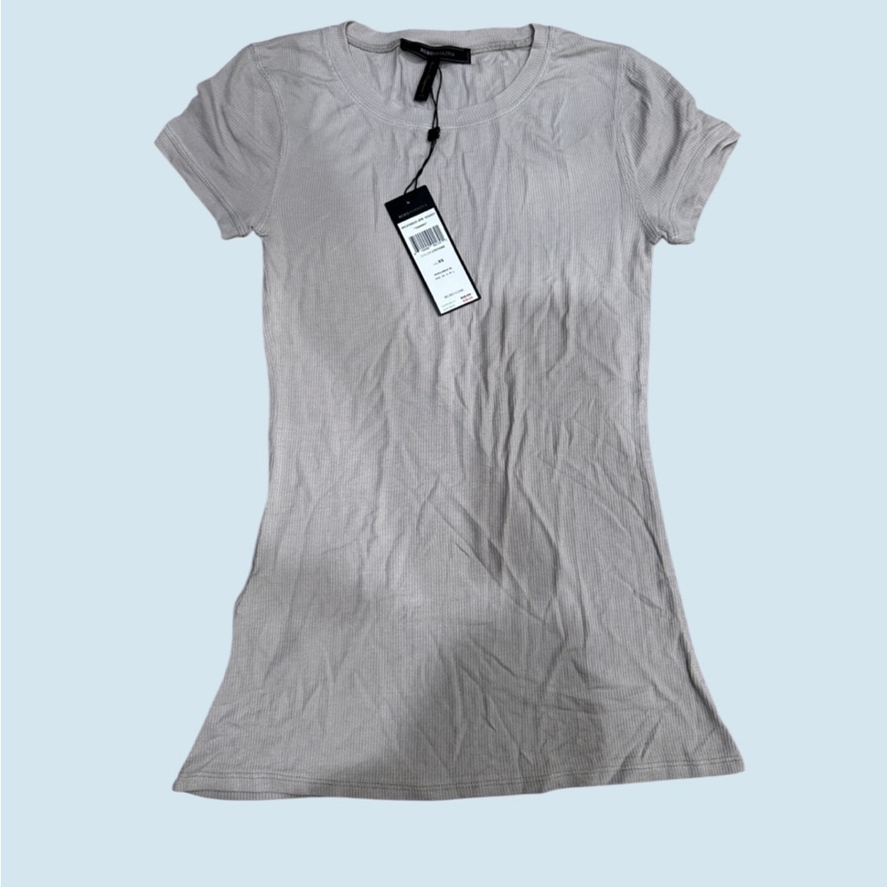 BCBGMaxAzria Short Sleeve ribbed Top - Light Gray beige “Tammy”